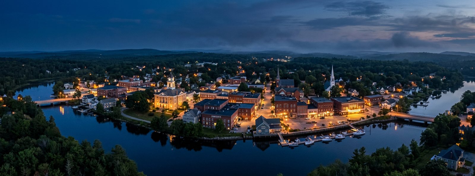 Aerial view of the Ellsworth, Maine skyline at dusk, illustrating the metro area TactStack serves trade and service businesses in