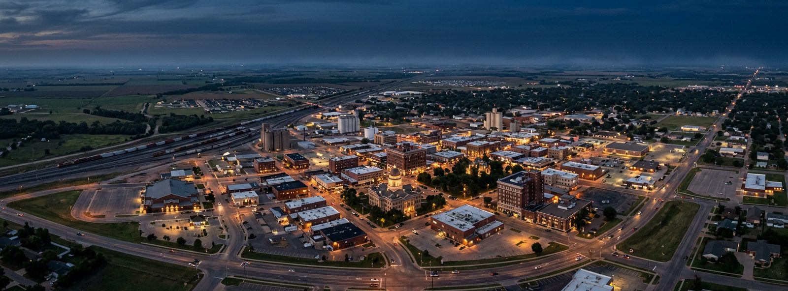 Aerial view of the Enid, Oklahoma skyline at dusk, illustrating the metro area TactStack serves trade and service businesses in