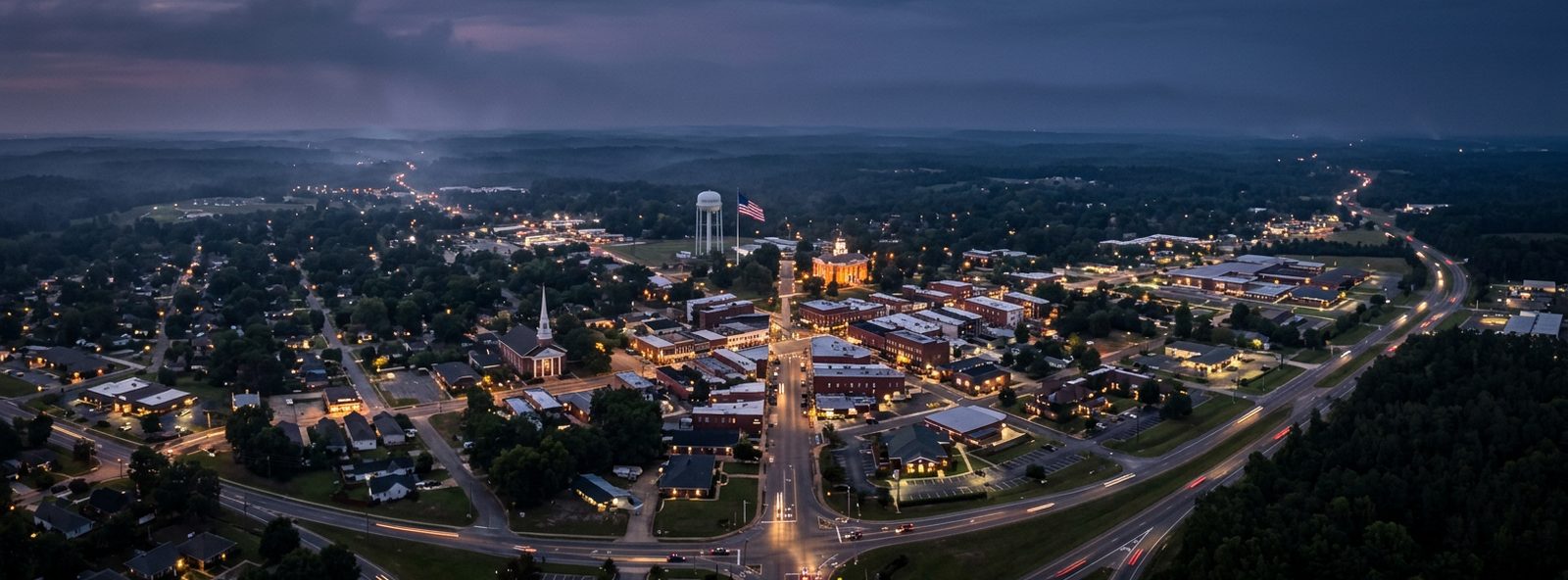Aerial view of the Enterprise, Alabama skyline at dusk, illustrating the metro area TactStack serves trade and service businesses in