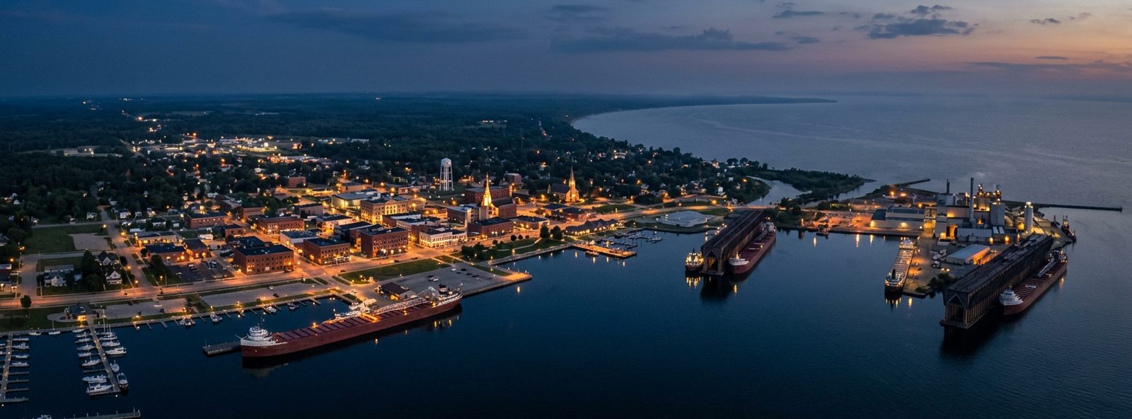 Aerial view of the Escanaba, Michigan skyline at dusk, illustrating the metro area TactStack serves trade and service businesses in