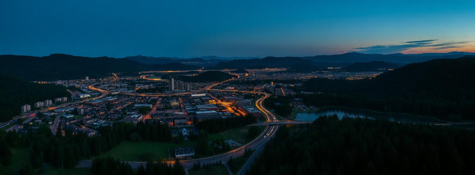 Aerial view of the Eugene, Oregon skyline at dusk, illustrating the metro area TactStack serves trade and service businesses in