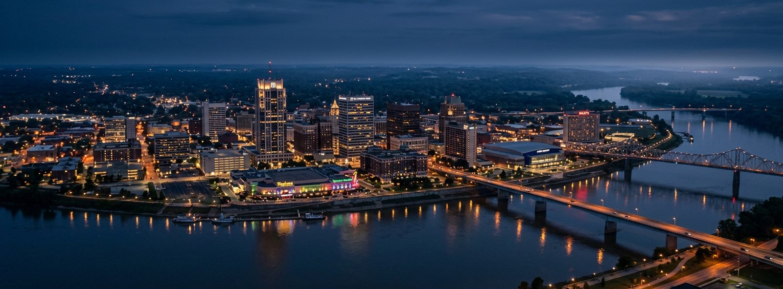 Aerial view of the Evansville, Indiana skyline at dusk, illustrating the metro area TactStack serves trade and service businesses in