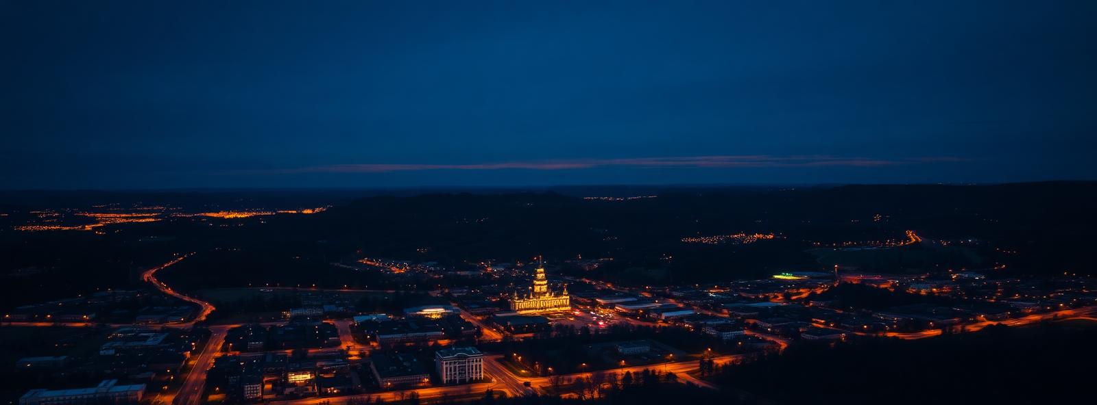 Aerial view of the Fayetteville, Arkansas skyline at dusk, illustrating the metro area TactStack serves trade and service businesses in