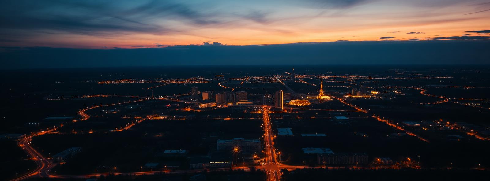 Aerial view of the Fayetteville, North Carolina skyline at dusk, illustrating the metro area TactStack serves trade and service businesses in