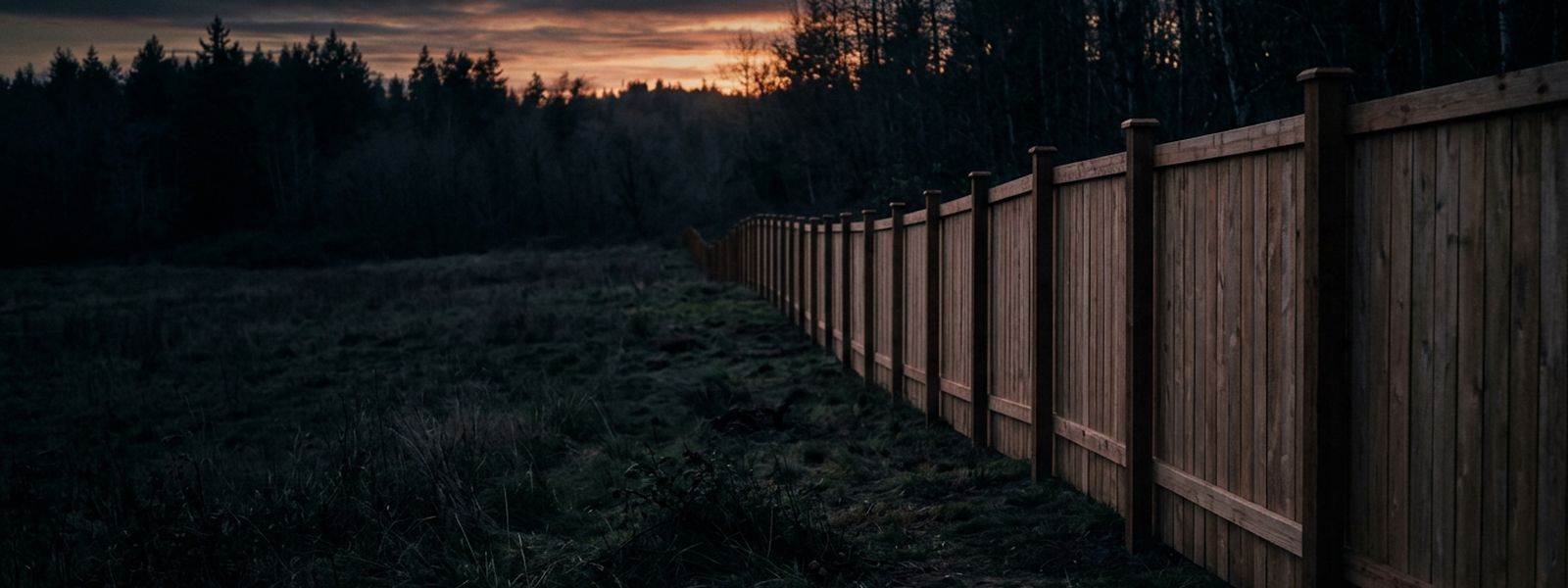 A new privacy fence line with posts set along a property at golden hour