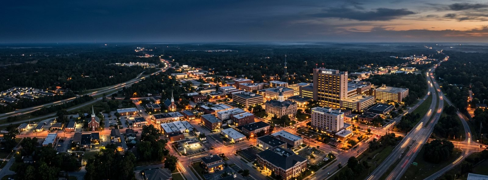 Aerial view of the Florence, South Carolina skyline at dusk, illustrating the metro area TactStack serves trade and service businesses in