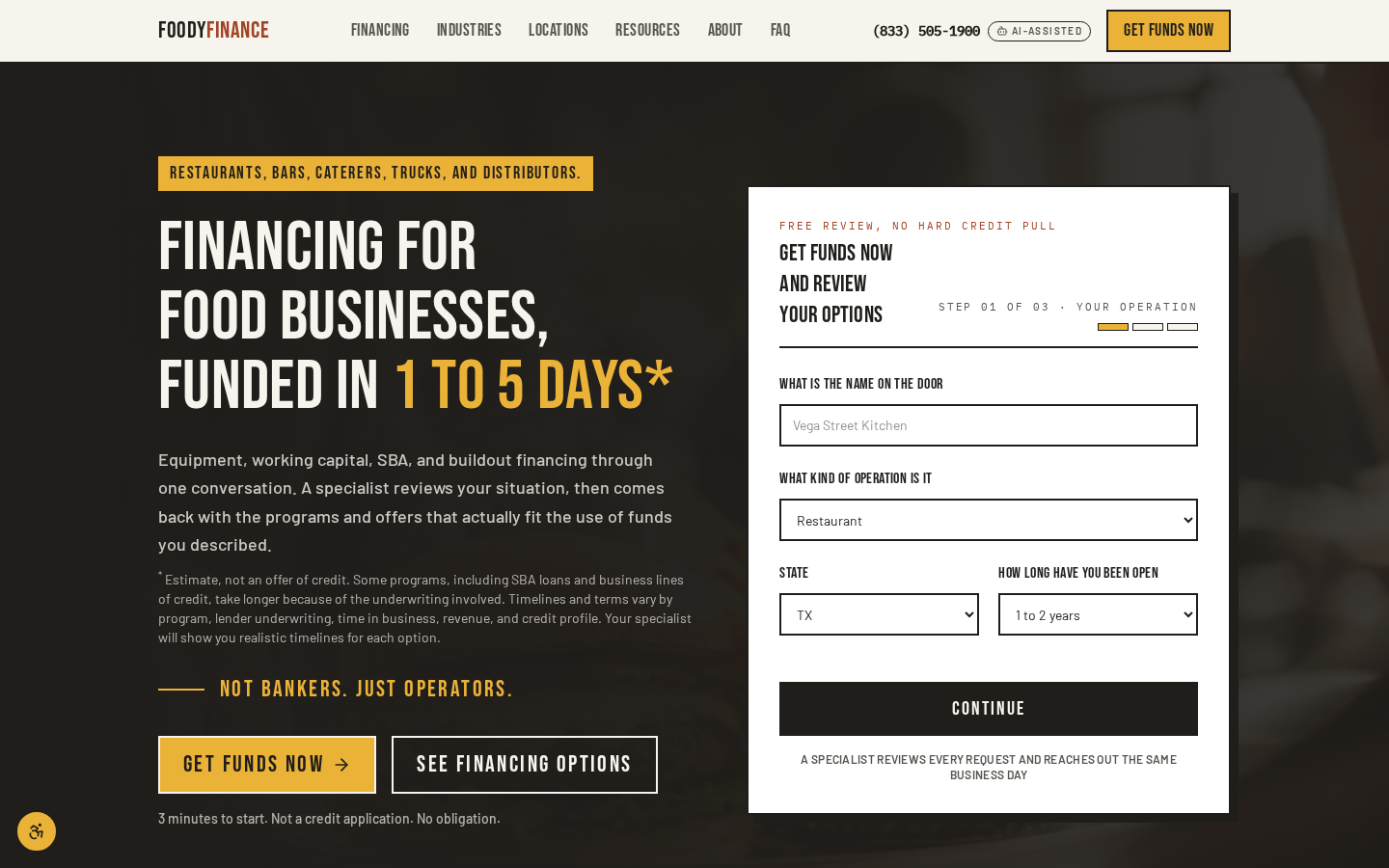 Foody Finance homepage with the funding request form and a 3 step operation intake
