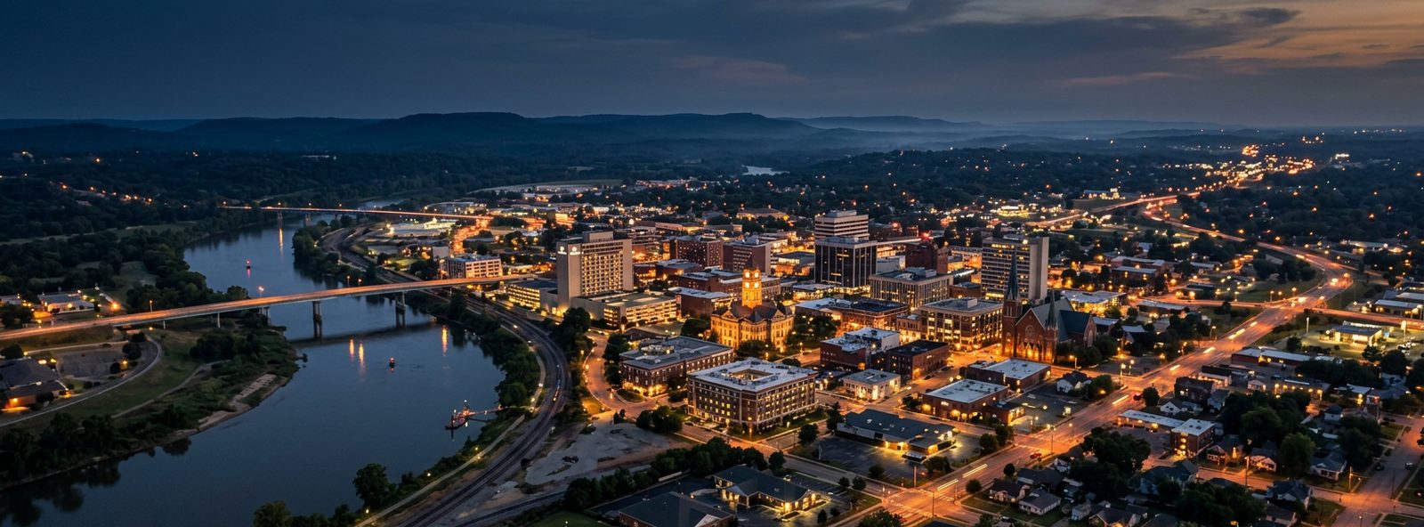 Aerial view of the Fort Smith, Arkansas skyline at dusk, illustrating the metro area TactStack serves trade and service businesses in