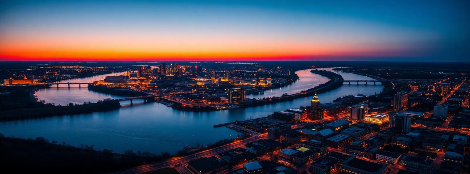 Aerial view of the Fort Wayne, Indiana skyline at dusk, illustrating the metro area TactStack serves trade and service businesses in