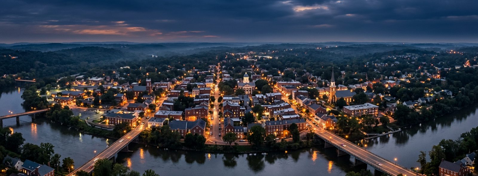 Aerial view of the Fredericksburg, Virginia skyline at dusk, illustrating the metro area TactStack serves trade and service businesses in