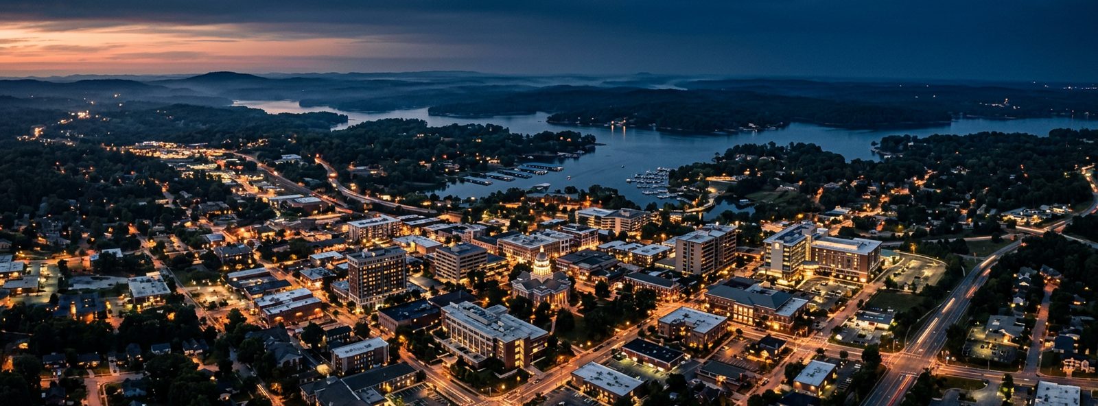 Aerial view of the Gainesville, Georgia skyline at dusk, illustrating the metro area TactStack serves trade and service businesses in
