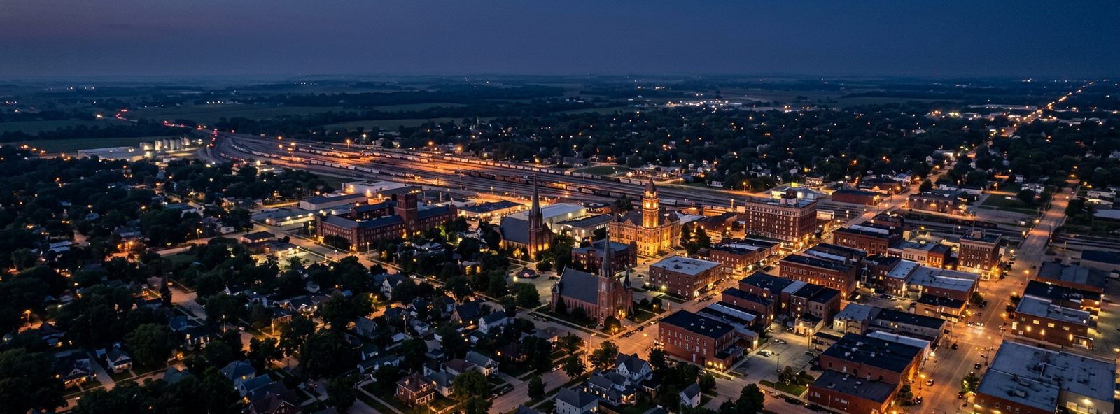 Aerial view of the Galesburg, Illinois skyline at dusk, illustrating the metro area TactStack serves trade and service businesses in