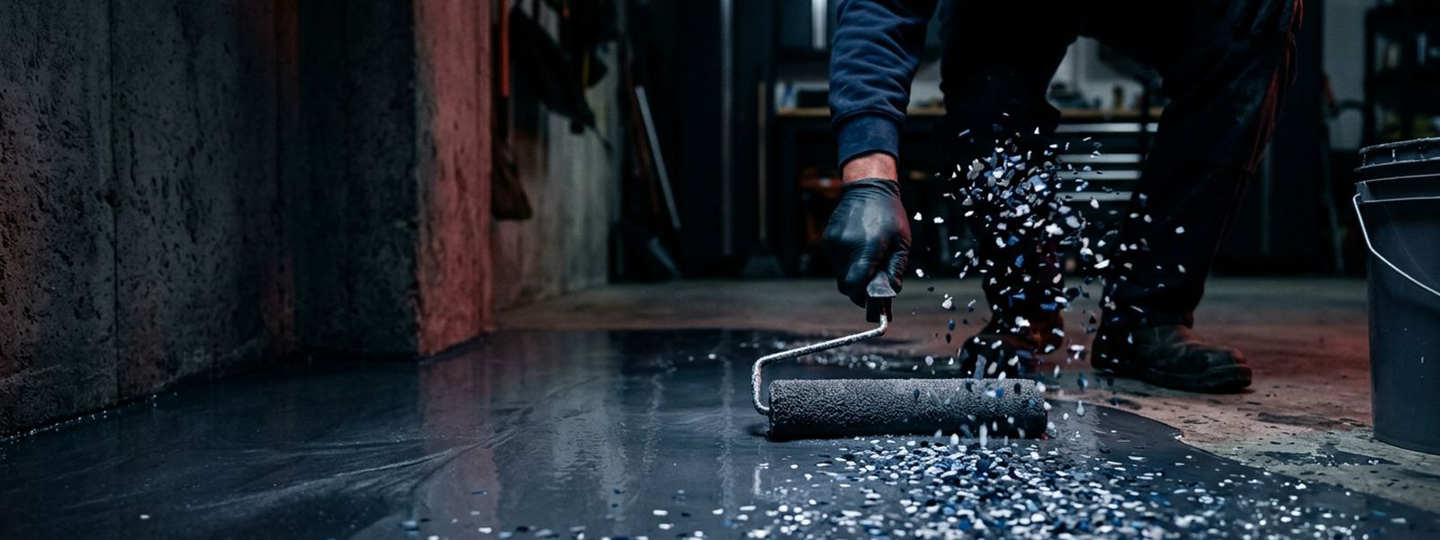 A metallic epoxy coating being rolled across a garage floor with flake broadcast underway