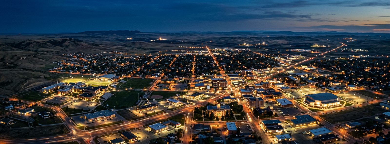 Aerial view of the Gillette, Wyoming skyline at dusk, illustrating the metro area TactStack serves trade and service businesses in