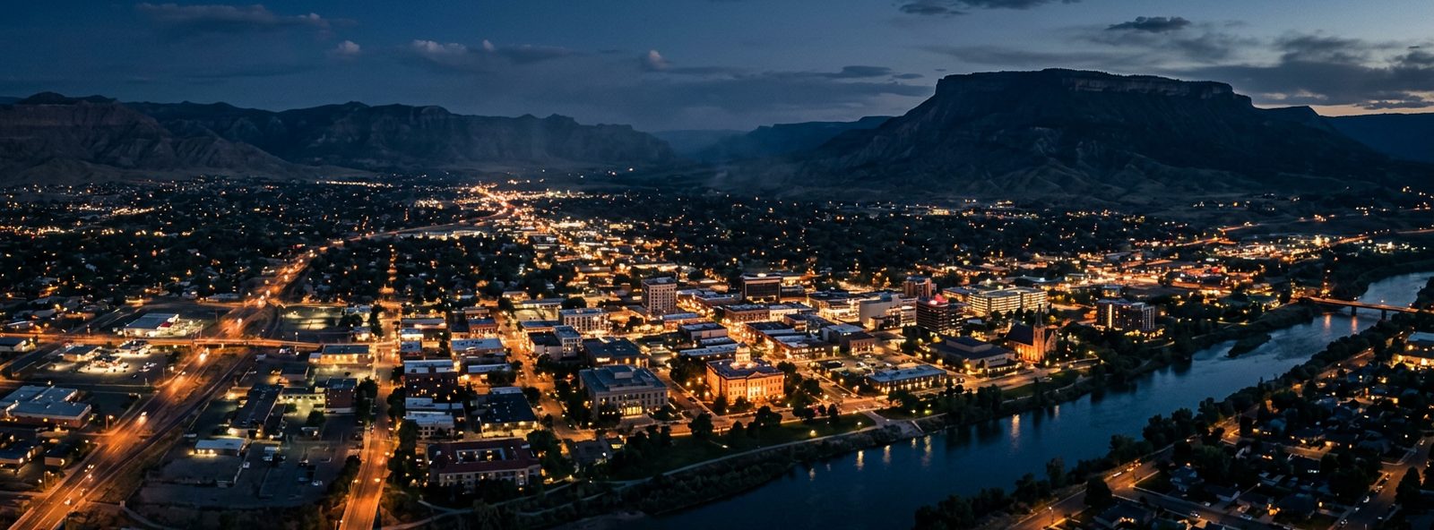 Aerial view of the Grand Junction, Colorado skyline at dusk, illustrating the metro area TactStack serves trade and service businesses in