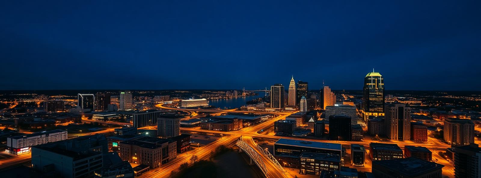 Aerial view of the Grand Rapids, Michigan skyline at dusk, illustrating the metro area TactStack serves trade and service businesses in