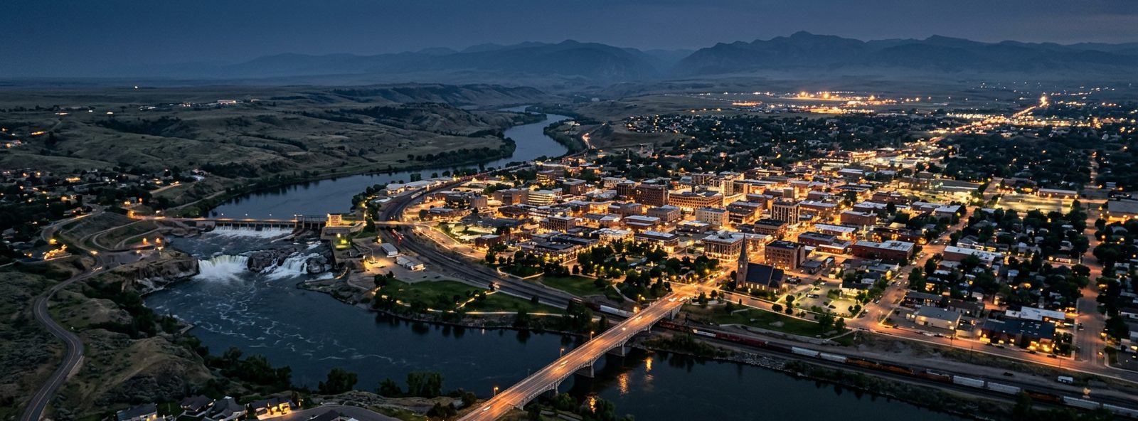 Aerial view of the Great Falls, Montana skyline at dusk, illustrating the metro area TactStack serves trade and service businesses in