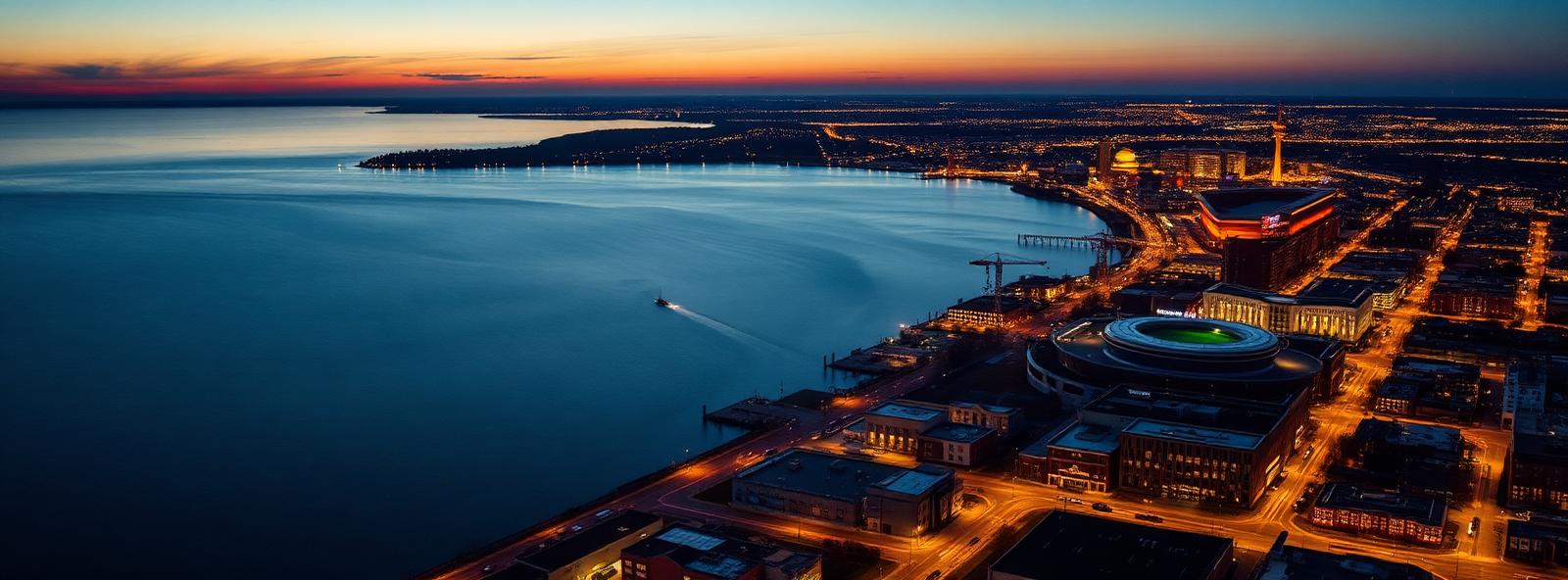 Aerial view of the Green Bay, Wisconsin skyline at dusk, illustrating the metro area TactStack serves trade and service businesses in