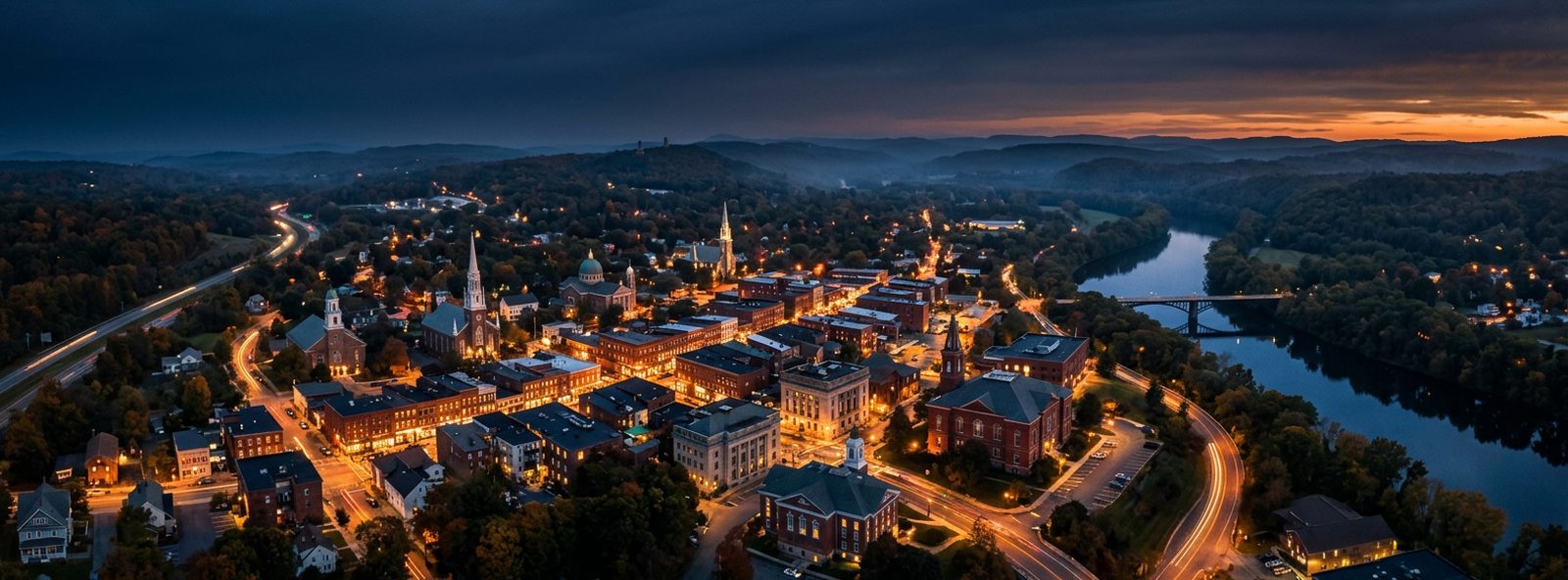Aerial view of the Greenfield, Massachusetts skyline at dusk, illustrating the metro area TactStack serves trade and service businesses in