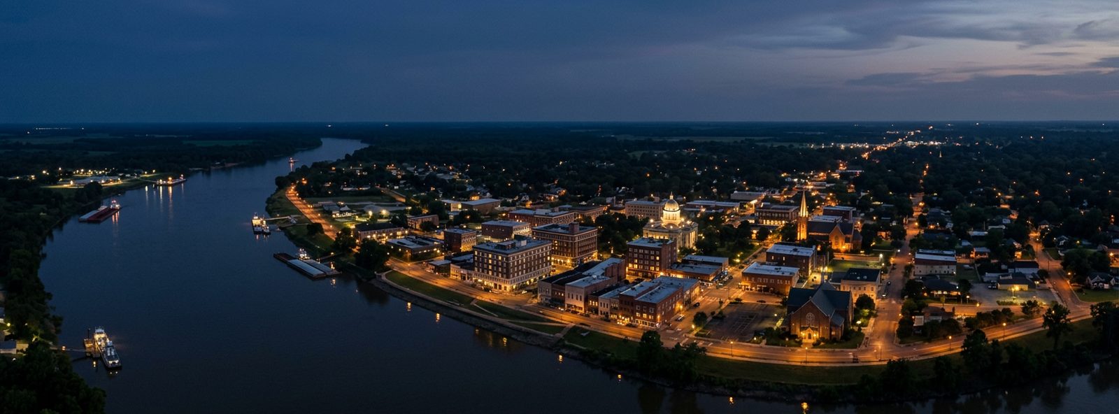 Aerial view of the Greenville, Mississippi skyline at dusk, illustrating the metro area TactStack serves trade and service businesses in