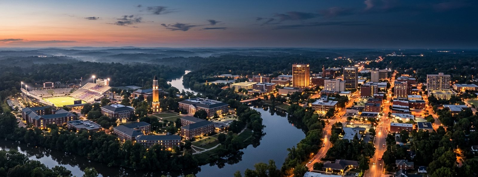 Aerial view of the Greenville, North Carolina skyline at dusk, illustrating the metro area TactStack serves trade and service businesses in