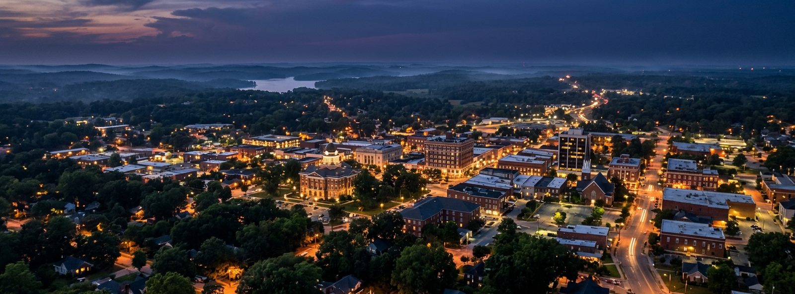Aerial view of the Greenwood, South Carolina skyline at dusk, illustrating the metro area TactStack serves trade and service businesses in