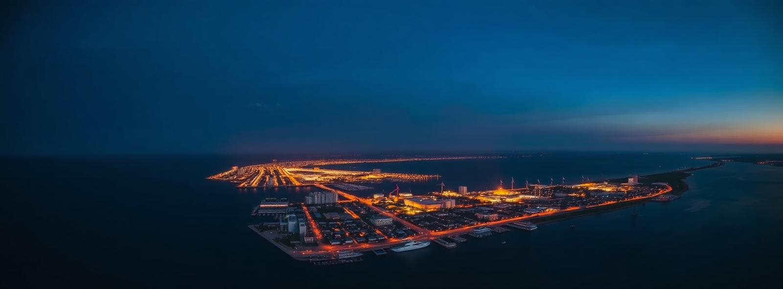 Aerial view of the Gulfport, Mississippi skyline at dusk, illustrating the metro area TactStack serves trade and service businesses in