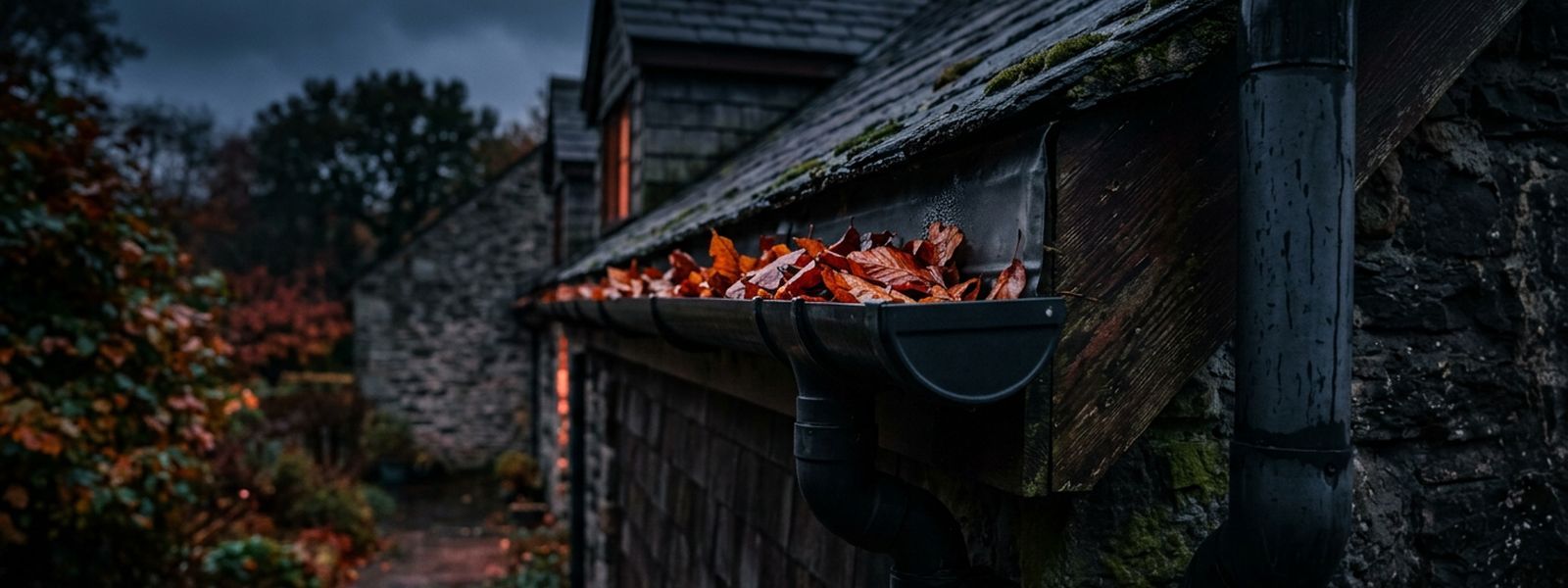 A seamless gutter run along a fascia with leaves collected in the trough
