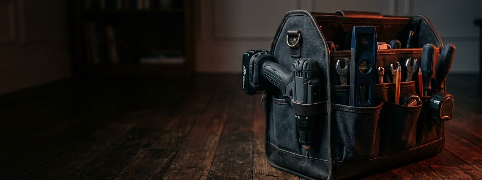 An organized tool bag with a drill and level set on a hardwood floor
