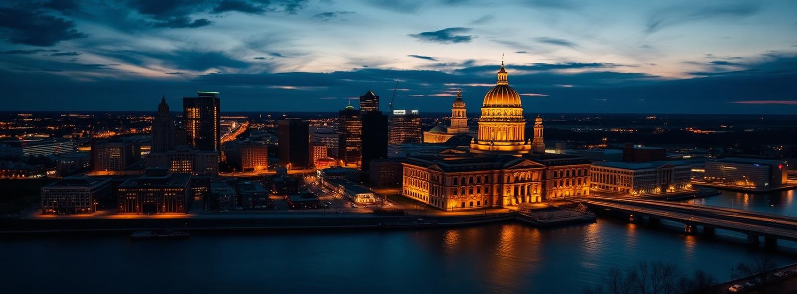 Aerial view of the Hartford, Connecticut skyline at dusk, illustrating the metro area TactStack serves trade and service businesses in