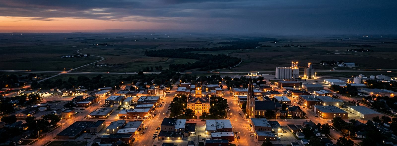 Aerial view of the Hays, Kansas skyline at dusk, illustrating the metro area TactStack serves trade and service businesses in