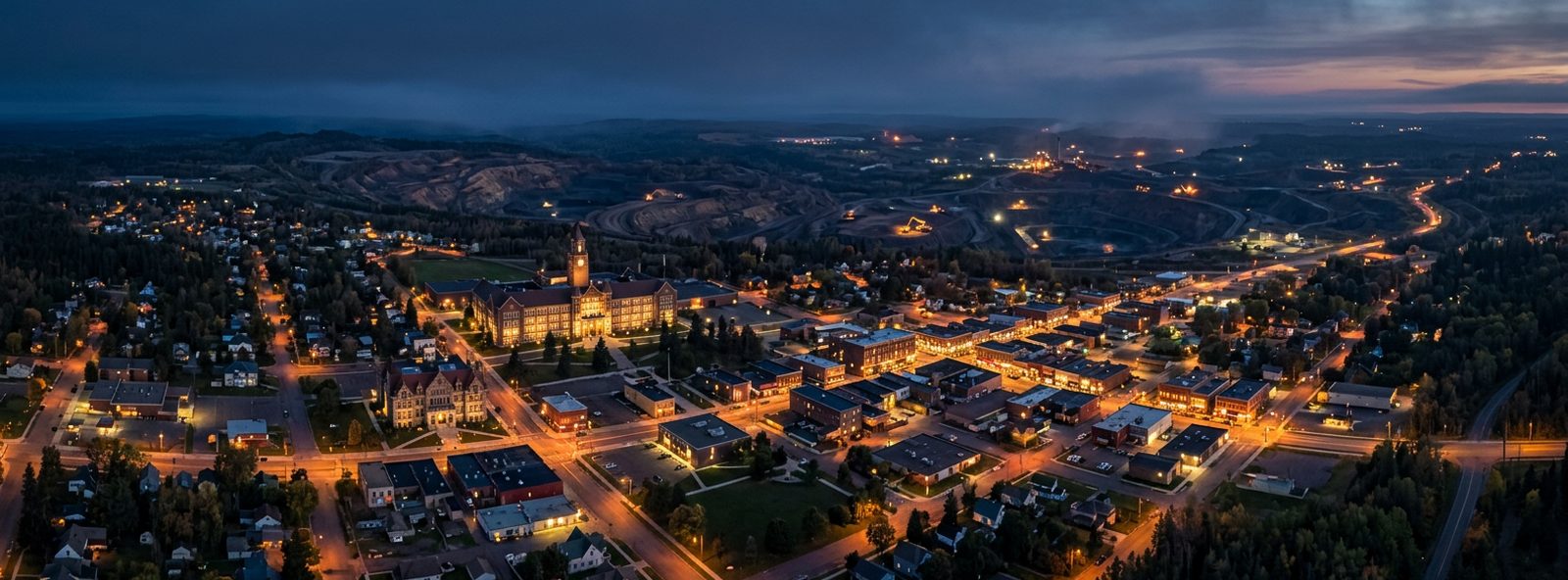 Aerial view of the Hibbing, Minnesota skyline at dusk, illustrating the metro area TactStack serves trade and service businesses in