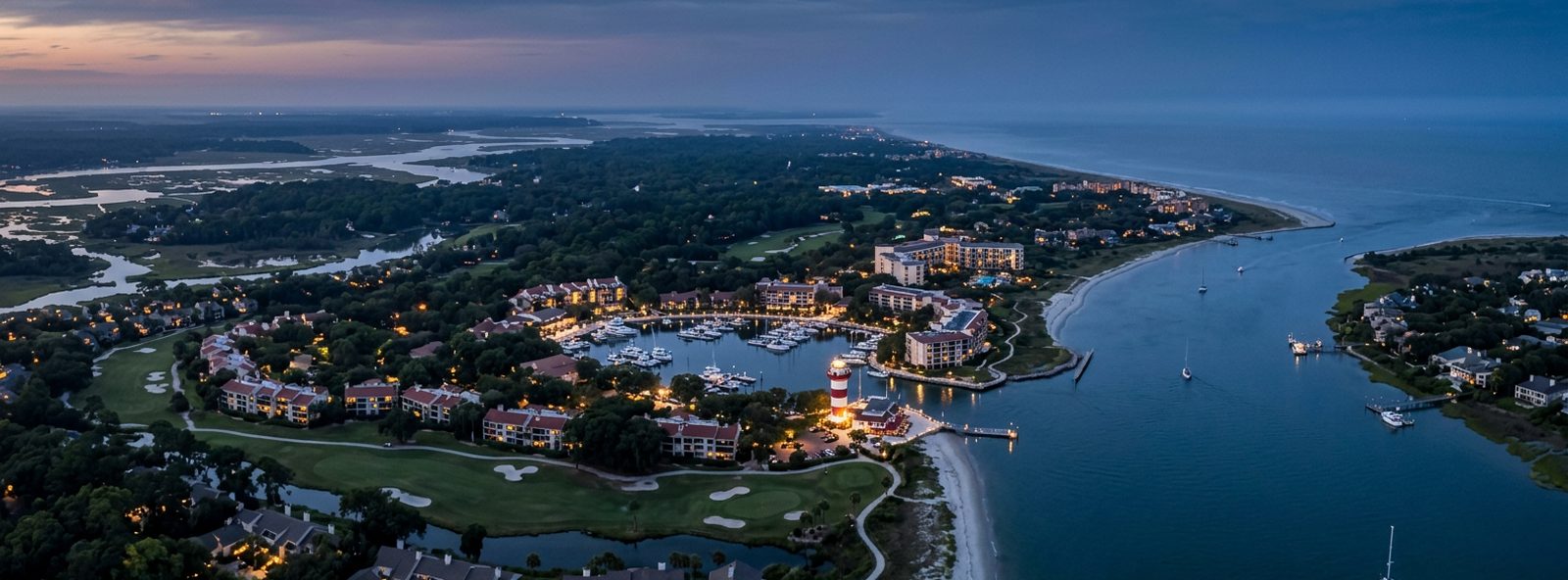 Aerial view of the Hilton Head Island, South Carolina skyline at dusk, illustrating the metro area TactStack serves trade and service businesses in