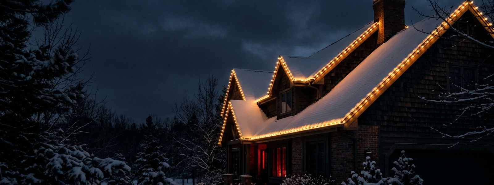 A roofline outlined in warm holiday lights on a dark winter evening