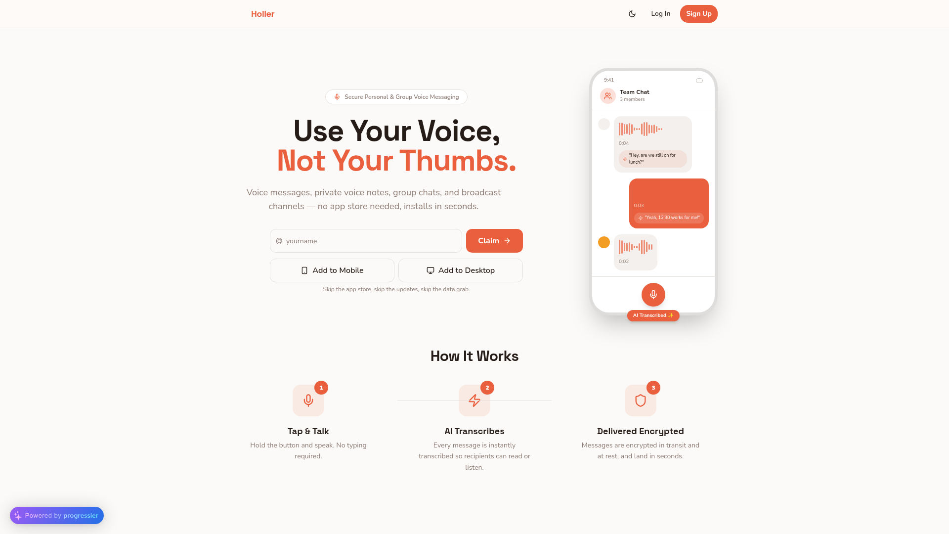 Holler voice messaging app landing page with group chat preview