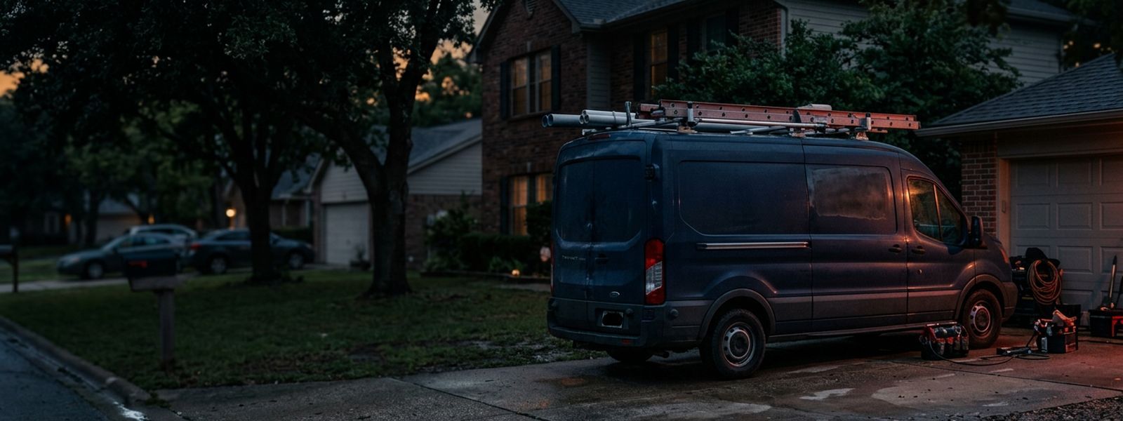 A home service van parked in a driveway at golden hour, ladder racks loaded and side doors open