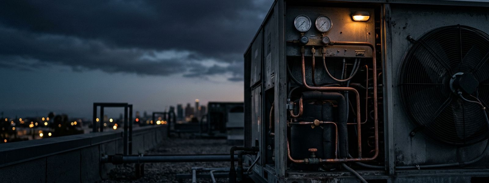 A technician's gauge set connected to a rooftop HVAC unit against an evening sky