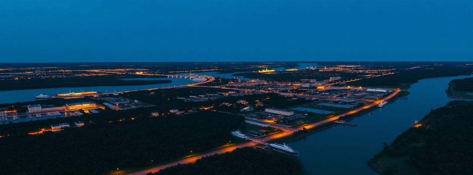 Aerial view of the Jacksonville, North Carolina skyline at dusk, illustrating the metro area TactStack serves trade and service businesses in