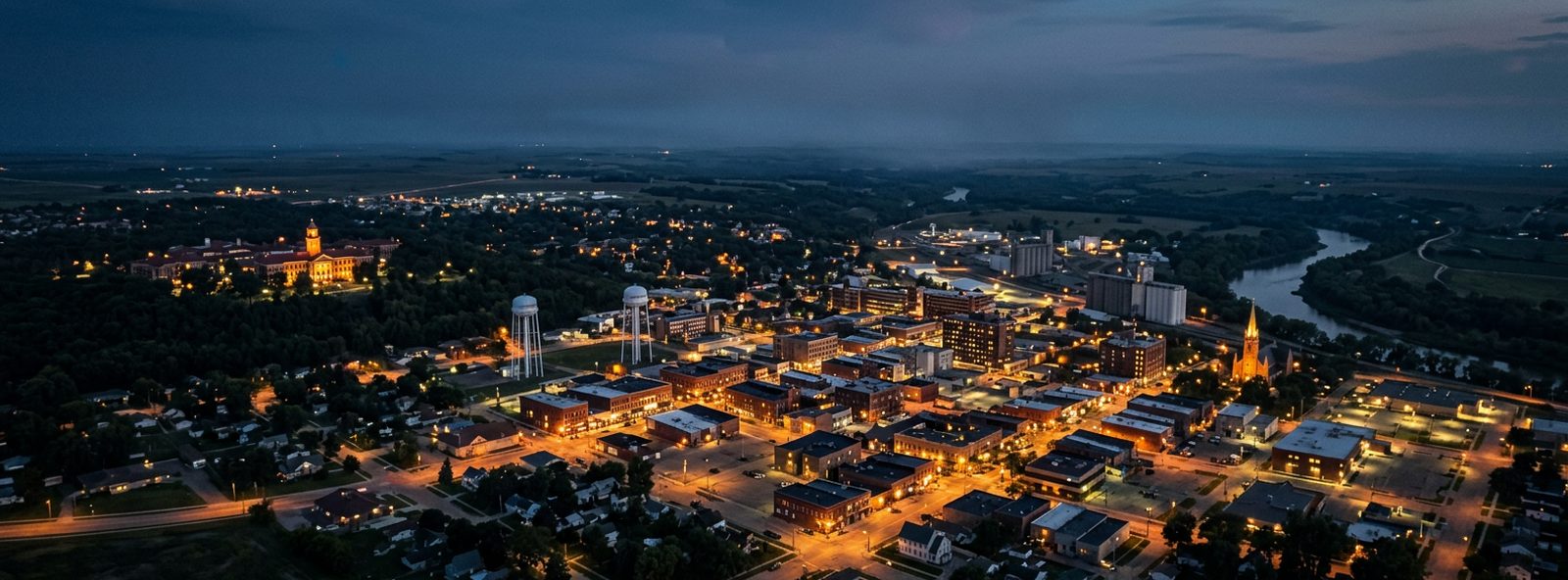 Aerial view of the Jamestown, North Dakota skyline at dusk, illustrating the metro area TactStack serves trade and service businesses in