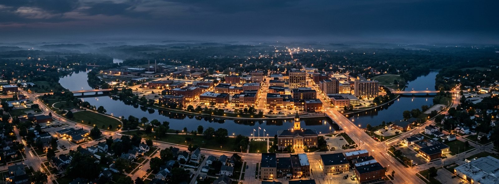 Aerial view of the Janesville, Wisconsin skyline at dusk, illustrating the metro area TactStack serves trade and service businesses in
