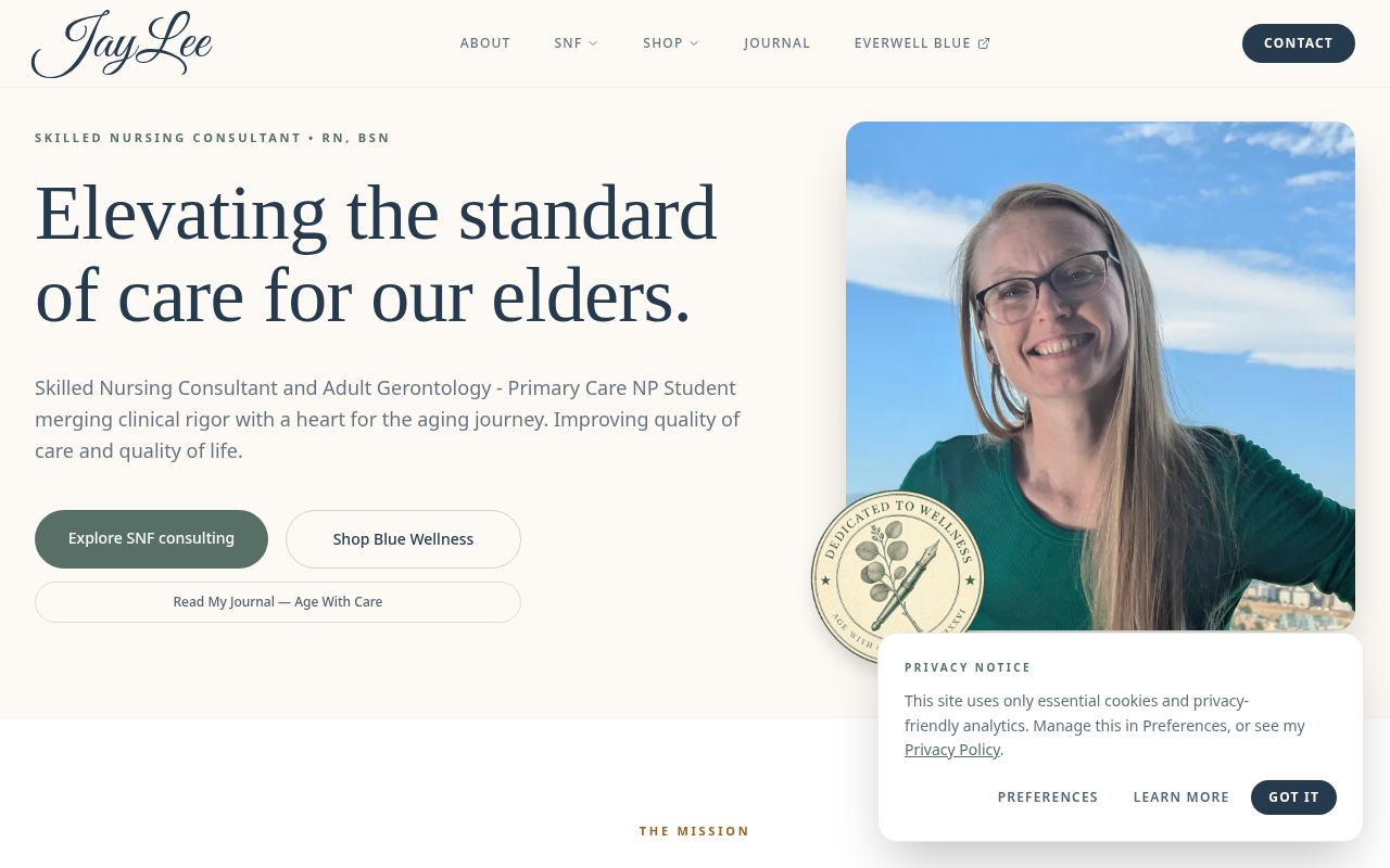 JayLee McGary homepage with skilled nursing consulting, product line, and community sections