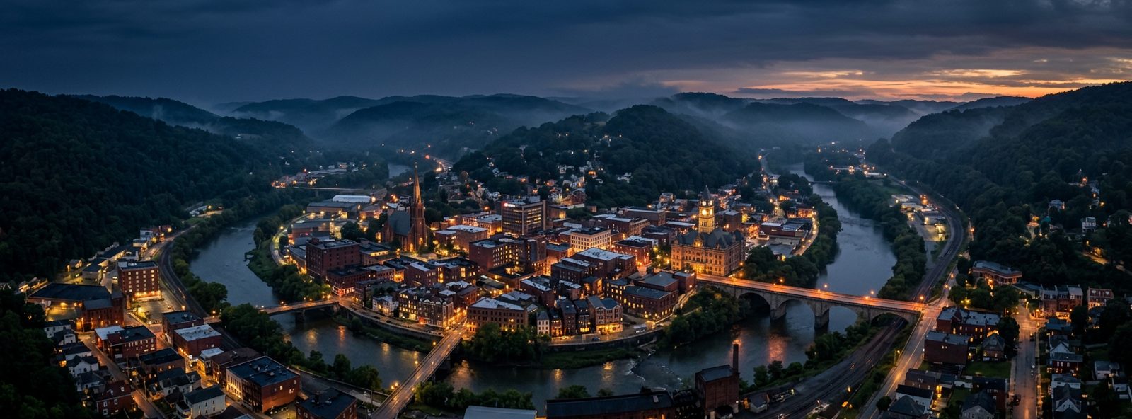 Aerial view of the Johnstown, Pennsylvania skyline at dusk, illustrating the metro area TactStack serves trade and service businesses in