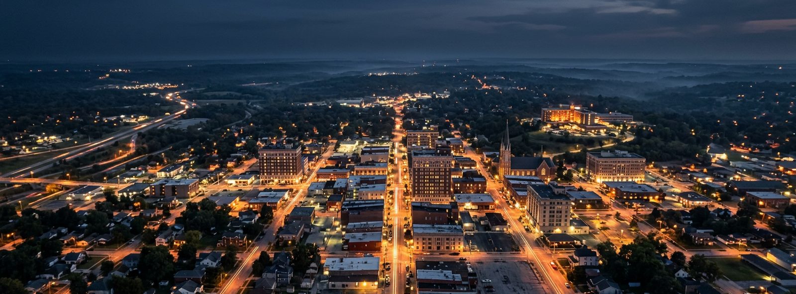 Aerial view of the Joplin, Missouri skyline at dusk, illustrating the metro area TactStack serves trade and service businesses in