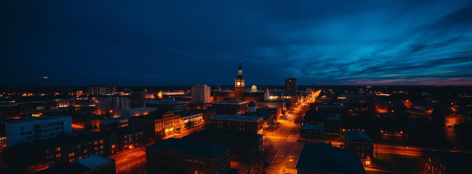 Aerial view of the Kalamazoo, Michigan skyline at dusk, illustrating the metro area TactStack serves trade and service businesses in