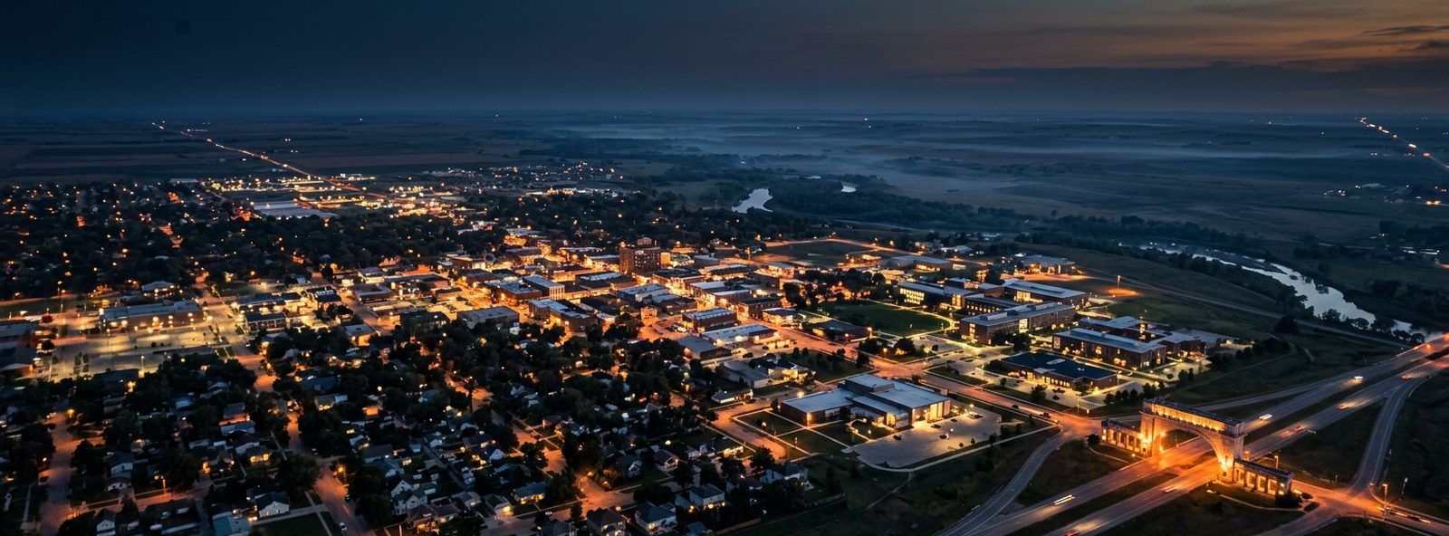 Aerial view of the Kearney, Nebraska skyline at dusk, illustrating the metro area TactStack serves trade and service businesses in