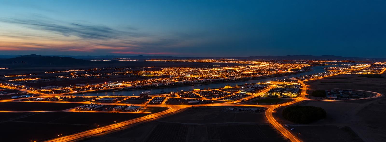 Aerial view of the Kennewick, Washington skyline at dusk, illustrating the metro area TactStack serves trade and service businesses in