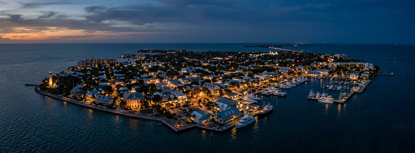 Aerial view of the Key West, Florida skyline at dusk, illustrating the metro area TactStack serves trade and service businesses in
