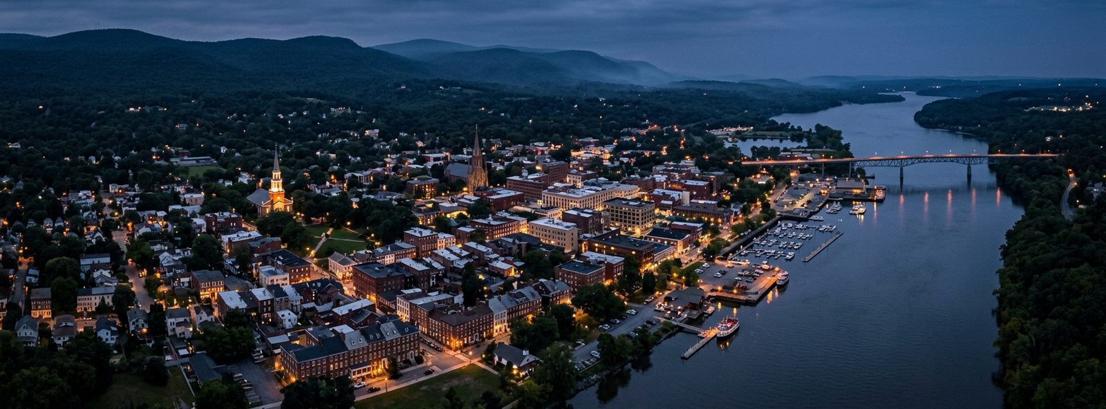 Aerial view of the Kingston, New York skyline at dusk, illustrating the metro area TactStack serves trade and service businesses in