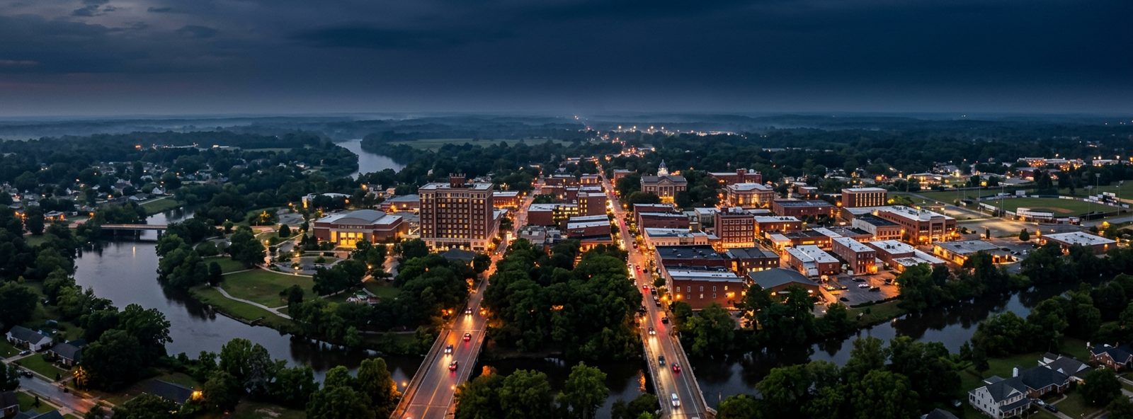 Aerial view of the Kinston, North Carolina skyline at dusk, illustrating the metro area TactStack serves trade and service businesses in