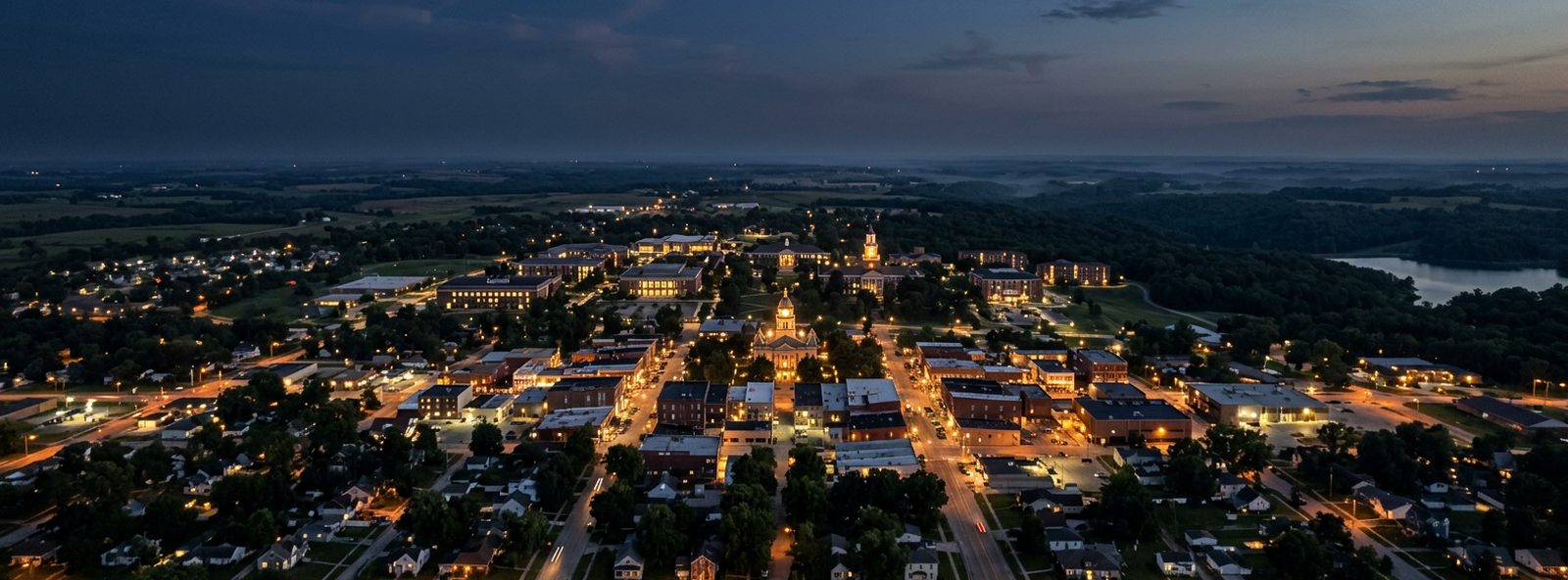 Aerial view of the Kirksville, Missouri skyline at dusk, illustrating the metro area TactStack serves trade and service businesses in